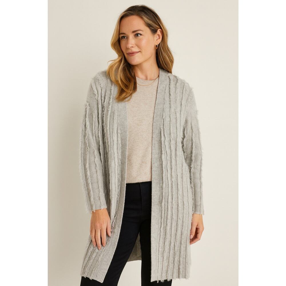 Neiman Marcus Womens Cashmere Cardigan Sweater Large Gray Western Fringe Luxury